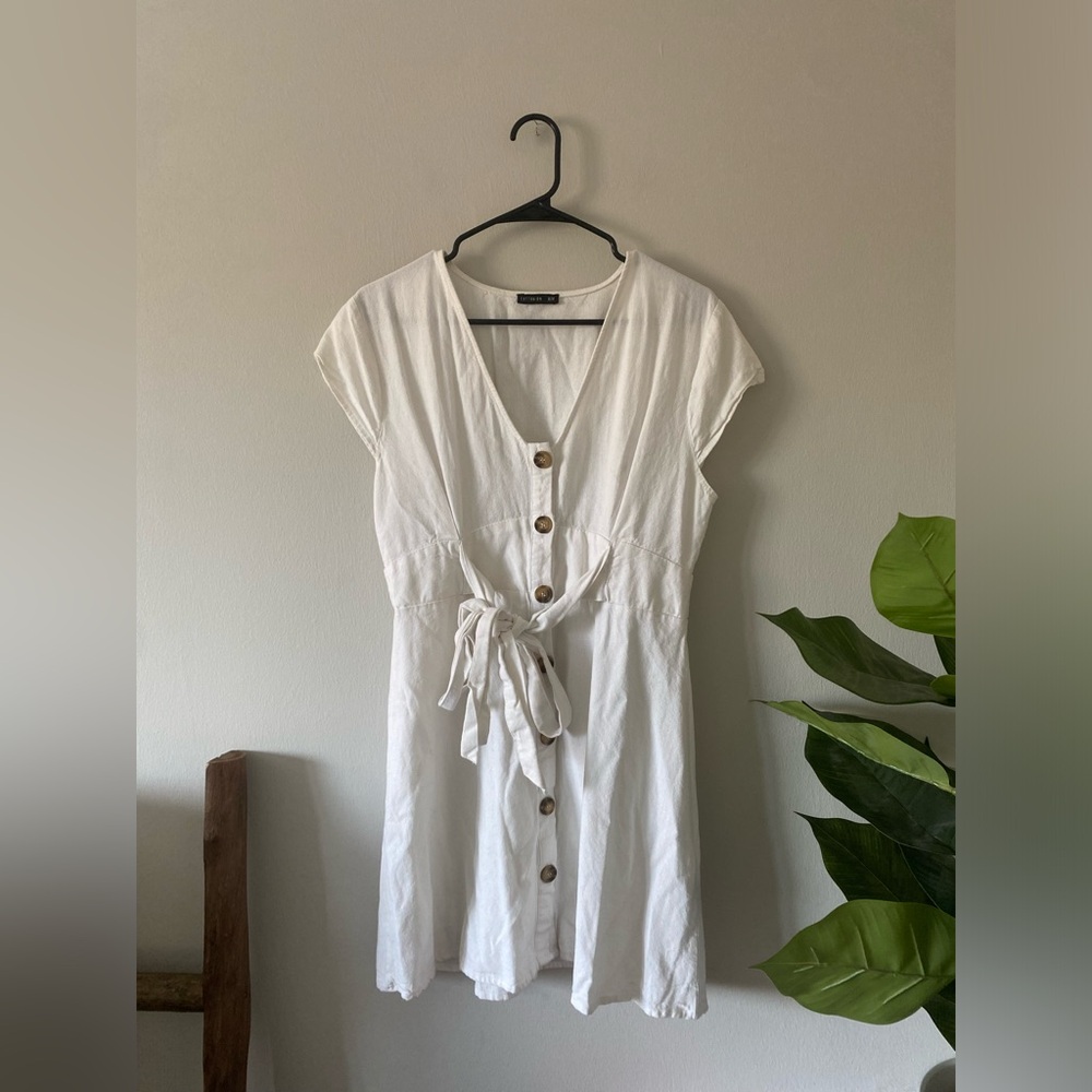 Cotton On White Linen Blend Coastal Cowgirl Mini Button Belted Mini Dress size M